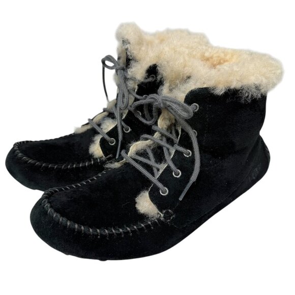 UGG Boots Size 6 Black Suede Leather Chickaree Mocassins Shearling Laceup Bootie - Picture 10 of 14